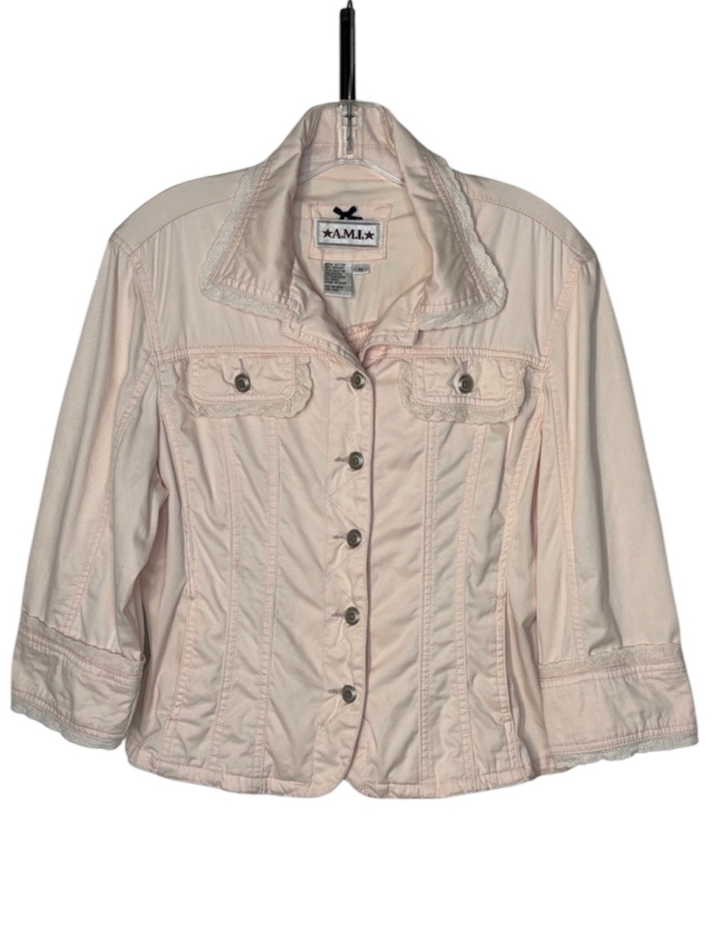 AMI Vintage Pale Pink Cotton Blend Cottage-core Jacket Lace Trim Medium